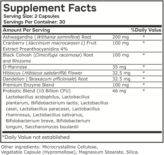 Probiotic for Women Balance Formula with Ashwagandha, Cranberry, Black Cohosh, D-Mannose, Hibiscus, & Dandelion - Support Your Microbiome