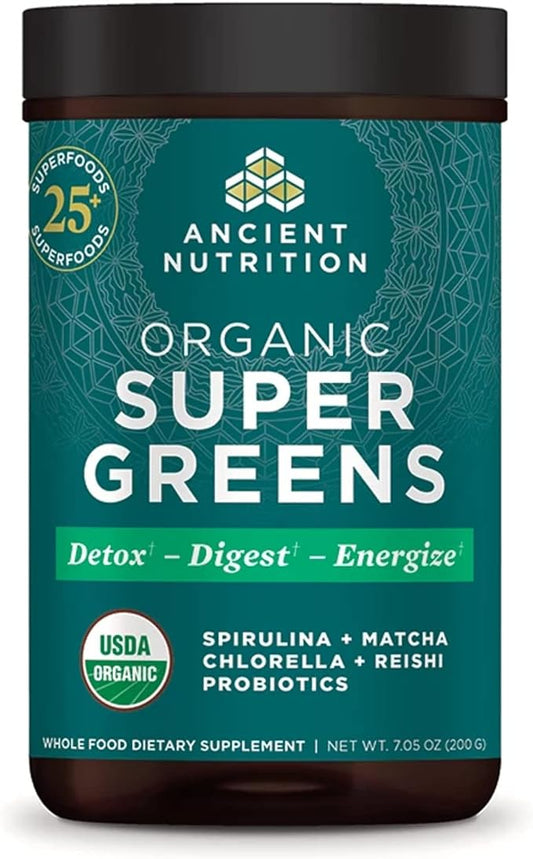 Ancient Nutrition Super Greens Powder, Organic Superfood Powder with Probiotics Made with Spirulina, Chlorella, Matcha, and Digestive Enzymes, 25 Servings, 7.5oz