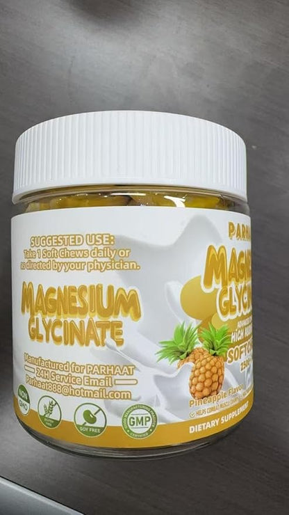 Magnesium Glycinate Soft Chews, Pineapple Flavor.Chewable Sugar Free Potassium Magnesium Chews with Magnesium Glycinate, Vitamin D, B6, and CoQ10 for Calm Support & Sleep for Adults, 60 Days Supply