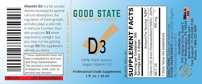 Vegan Vitamin D3 by Good State | 100% Plant Sourced from Algae | Vegan Professional Grade Supplement | 1 Fluid Ounce Glass Bottle | 300 Servings