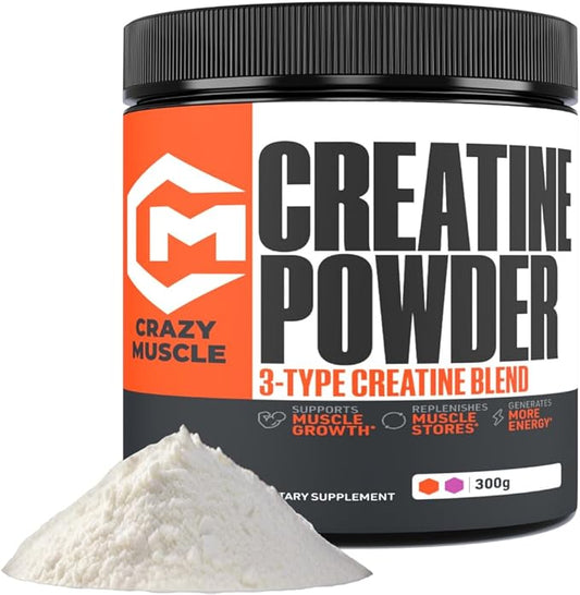 Crazy Muscle Creatine Monohydrate Powder, 5000mg Premium 3X ThreeAtine Pre Workout Mass Gainer, High Absorption Easy to Take Powder Optimum Performance for Men & Women, 60 Servings