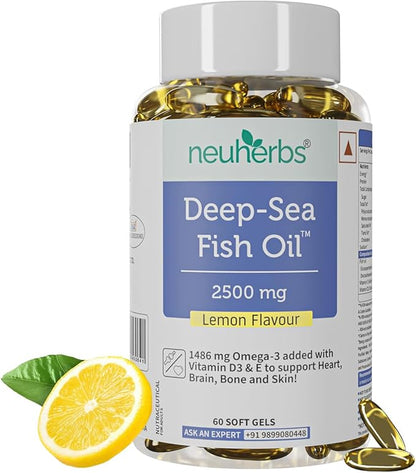 Deep Sea Fish Oil (60 Softgels) Omega 3 Supplement Triple Strength 2500 Mg for Muscle, Joints, Heart & Cognitive Support | No Fishy Burps with Lemon Flavour for Men & Women | (Pack of 1)