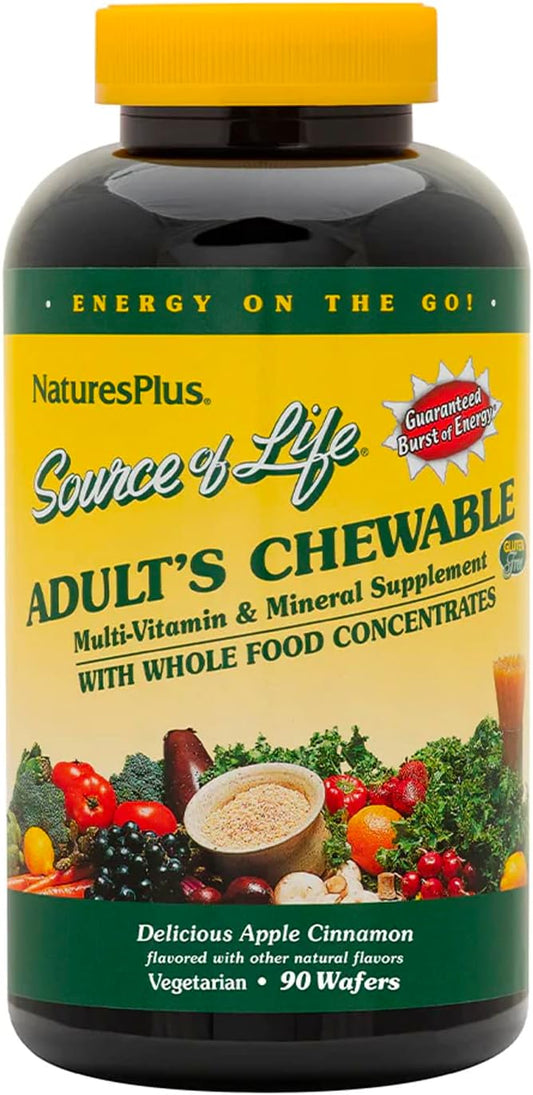 Natures Plus Source of Life Adult Chewable Multivitamin - 90 Vegetarian Wafers - Apple Cinnamon Flavor - Natural Whole Foods Supplement - Overall Health, Energy - Gluten-Free - 45 Servings