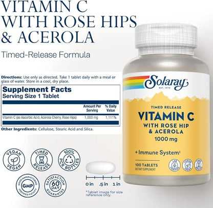 SOLARAY Vitamin C 1000mg Timed Release Capsules with Rose HIPS & Acerola Bioflavonoids, Two-Stage for High Absorption & All Day Immune Function Support, 60 Day Guarantee (100 Servings, 100 Tablets)