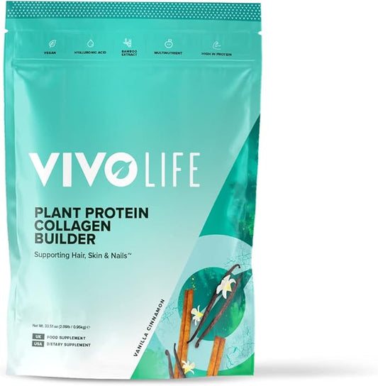 Vivo life - Plant Protein Collagen Builder with Vitamin C, Amino Acids and Hyaluronic Acid, Support Healthy Hair, Skin & Nails, Vegan (Vanilla & Cinnamon)