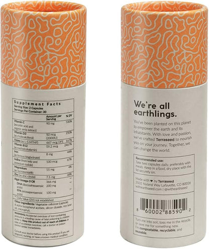 Complete Vegan Multivitamin with Iron, Omega 3, Vitamin D3, Folate, Zinc, Vitamin B12, & More - 100% Sustainable Vegan Vitamins - Non-GMO, Gluten Free, Made in The USA (30 Day Supply)