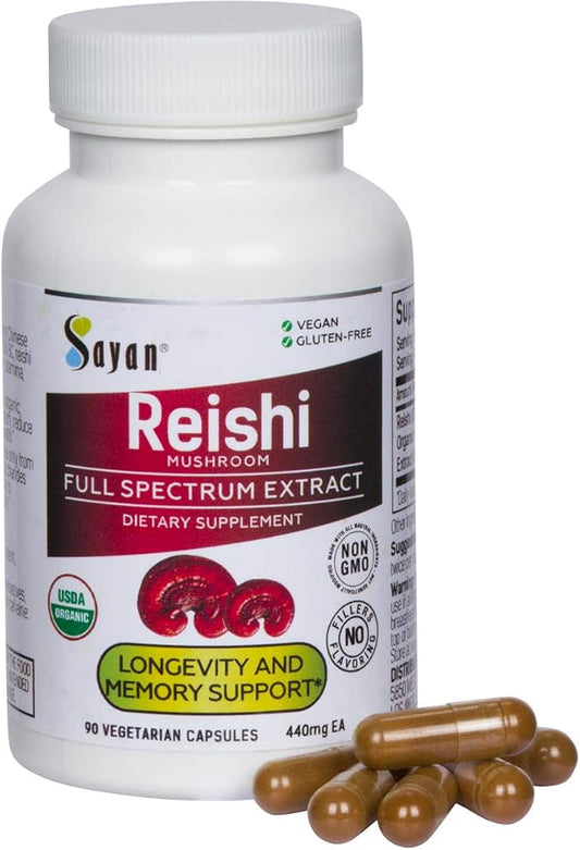Sayan Reishi Mushroom Extract 90 Capsules/440mg Each – Longevity, Vitality, Wellness & Immune Support Supplement – USDA Organic & Vegan – Non-GMO, No Fillers, or Additives – Always Pure and Potent