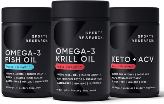 Sports Research Triple Strength Omega 3 Fish Oil, Antarctic Krill Oil + Phospholipids, Choline & Astaxanthin Mini-Softgels, Keto Plus ACV 500mg of Apple Cider Vinegar & 1500mg goBHB Exogenous Ketones