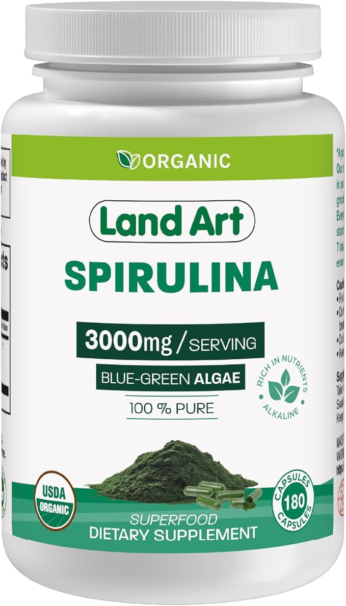 Land Art Certified Organic Spirulina - 180 Capsules - Superfood- Rich in Minerals, Vitamins and proteins - Vegan
