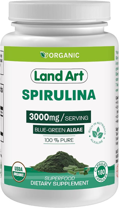 Land Art Certified Organic Spirulina - 180 Capsules - Superfood- Rich in Minerals, Vitamins and proteins - Vegan