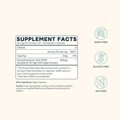 Ora Organic Vegan Omega 3 Supplement - 500mg DHA for Brain, Eye, and Heart Health - Made from Sustainable Algae - 60 Capsules