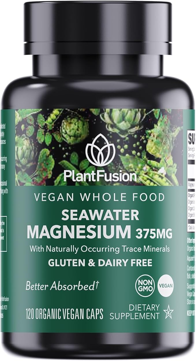 PlantFusion Vegan Magnesium Complex 375mg from Sea Water, Bioavailable Marine Magnesium with Fermented Organic Whole Food Blend, Non-GMO, Muscle & Relaxation Support, 120 Cap