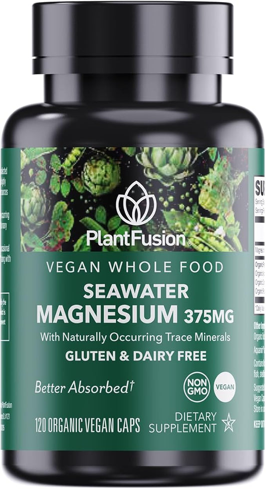 PlantFusion Vegan Magnesium Complex 375mg from Sea Water, Bioavailable Marine Magnesium with Fermented Organic Whole Food Blend, Non-GMO, Muscle & Relaxation Support, 120 Cap