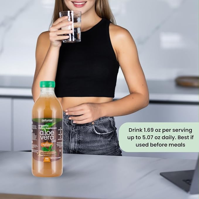 Naturae Healthy Organic Aloe Vera juice with Ashwagandha & Stevia -Cold processed- Fresh Aloe Vera leaves- 33.81 Fl Oz
