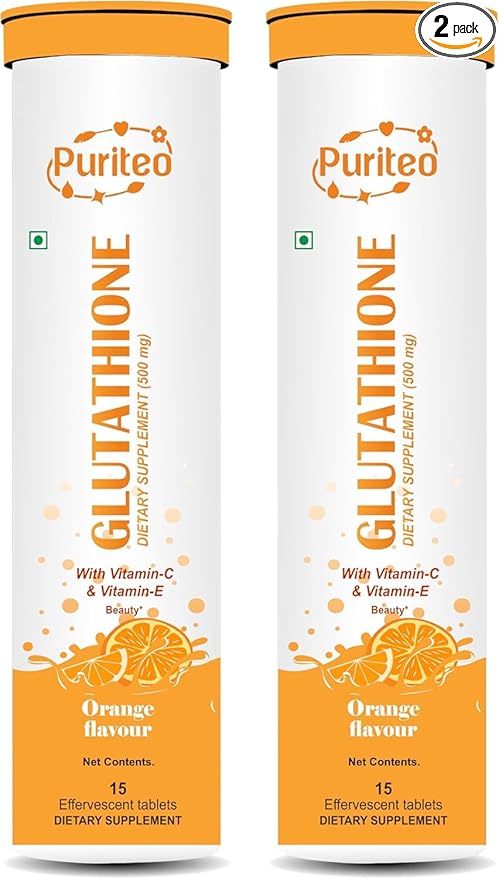 Glutathione 15 Effervescent Tablets with Vitamin C & E, for Clear Skin & Hydration, No Added Sugar, Orange Flavour - (15 Tablets, Pack of 2)