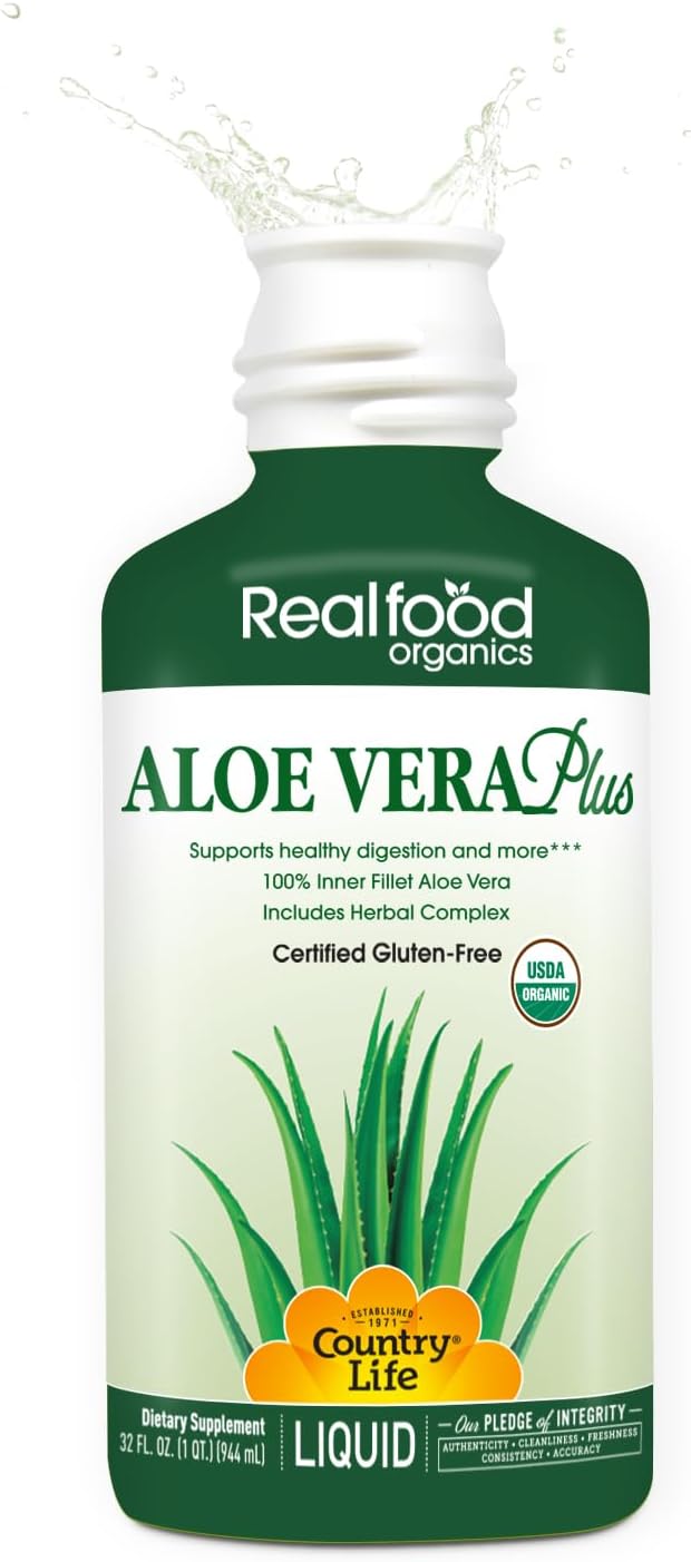 Country Life Realfood Organics Liquid Aloe Vera Plus - Supports Digestive Health & Immune System - with Slippery Elm, Ginger, Turmeric, Peppermint - Organic ACTIValoe, Qmatrix Process - 32 oz