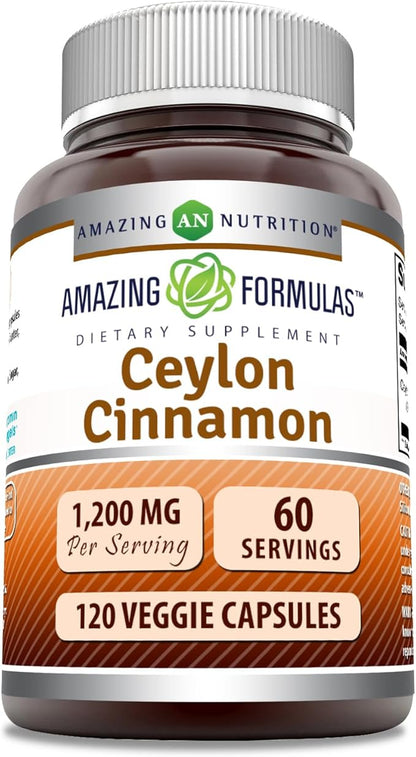 Amazing Formulas Ceylon Cinnamon 1200 Mg Per Serving | Veggie Capsules Supplement | Non-GMO | Gluten Free | Made in USA (1 Pack, 120 Count)