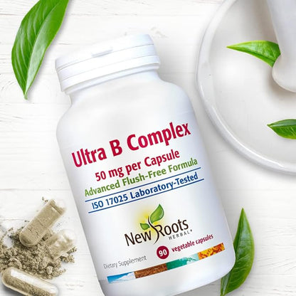 New Roots | Ultra Vitamin B Supplement (50mg) Contains Vitamin B6, B12, Biotin, Advanced Flush Free Formula (90 Veg Caps)