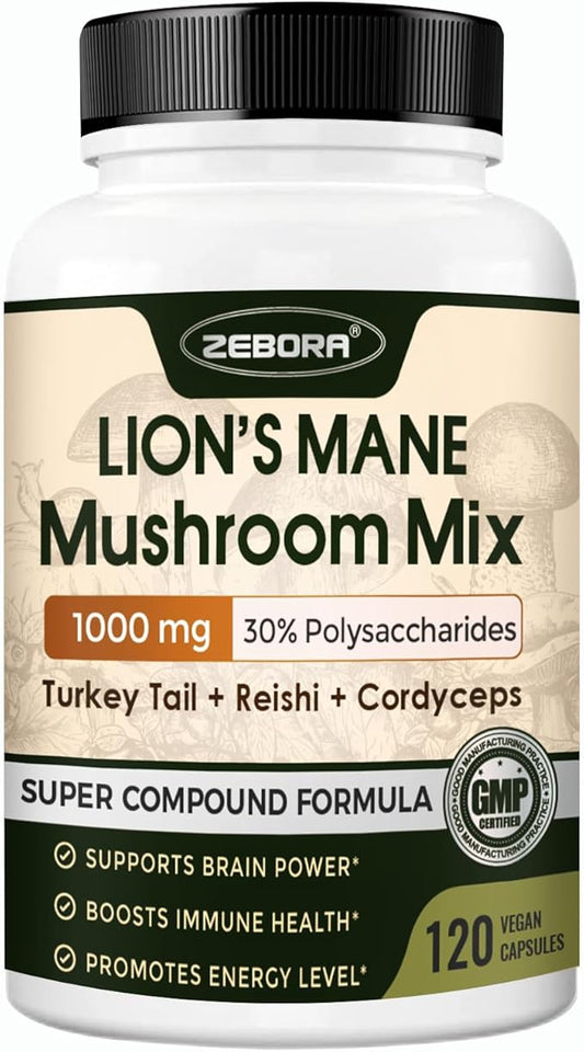 ZEBORA Lions Mane Supplement Capsules - Mushroom Supplement with Lions Mane, Cordyceps, Reishi, Turkey Tail, Shiitake - Lion's Mane Mushroom for Memory, Focus & Immune Support - 120 Vegan Capsules