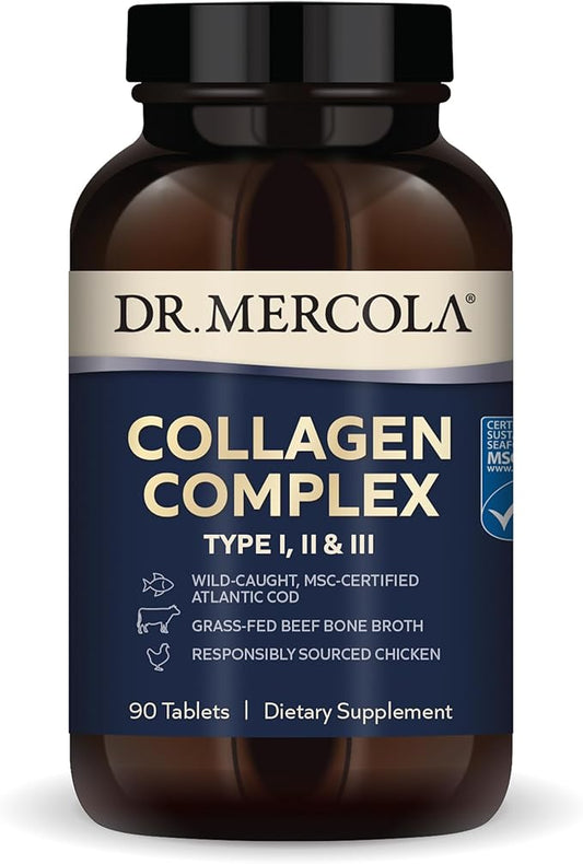 Dr. Mercola Collagen Complex Dietary Supplement, Type I, II and II, 30 Servings (90 Tablets), Non GMO, Gluten Free, Soy Free