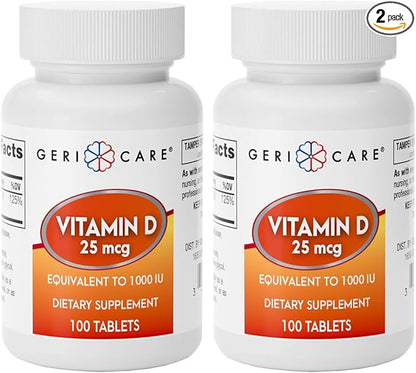 GeriCare Vitamin D 25mcg Tablets, Promotes Healthy Bones & Immune Support, Dietary Supplement, 100 Count (Pack of 2)