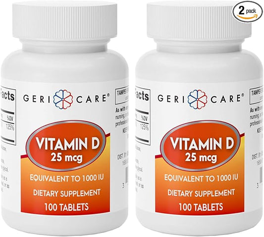 GeriCare Vitamin D 25mcg Tablets, Promotes Healthy Bones & Immune Support, Dietary Supplement, 100 Count (Pack of 2)