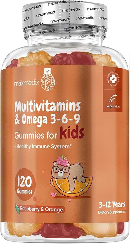Kids Multivitamin Gummies & Omega 3, 6 & 9-120 Gummies (2 Months Supply) - for Healthy Immune System - Enriched with 12 Essential Vitamins - Natural Raspberry & Orange Flavor (3-12 Years)