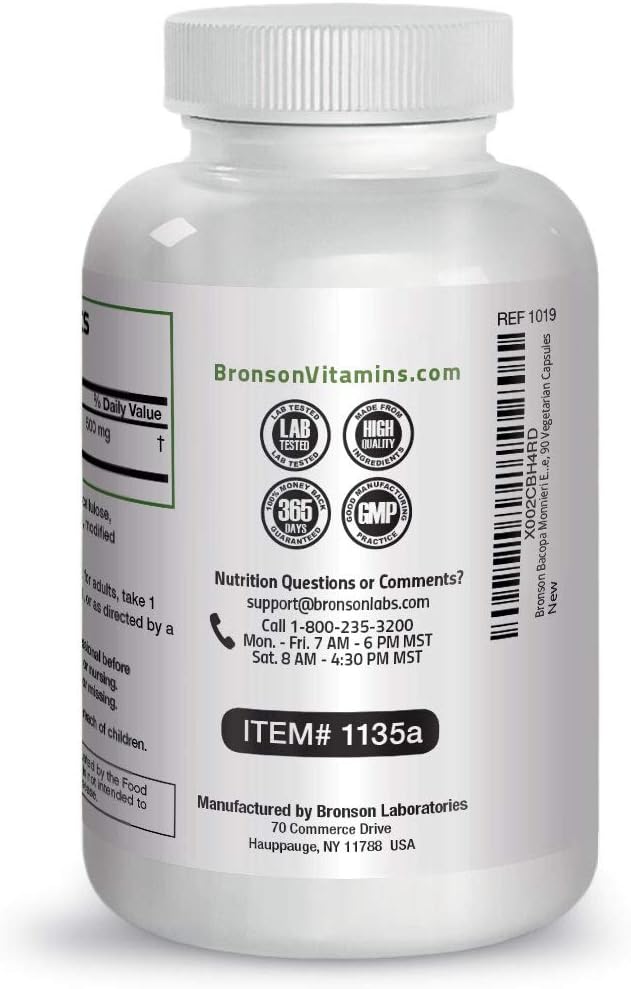 Bronson Bacopa Monnieri Extract 500 mg - Promotes Mental Clarity and Brain Function - Non GMO, 90 Vegetarian Capsules