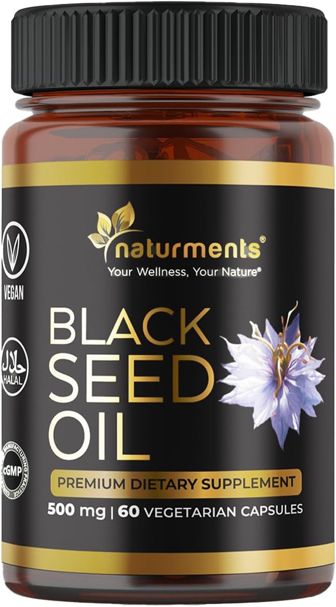 Naturments Premium Black Seed Oil Vegetarian Capsules 100% Organic Unrefined Non GMO Cold Pressed Extra Virgin Nigella Sativa Pure Halal Kalonji Oil - 60 Capsules (500 mg Each)