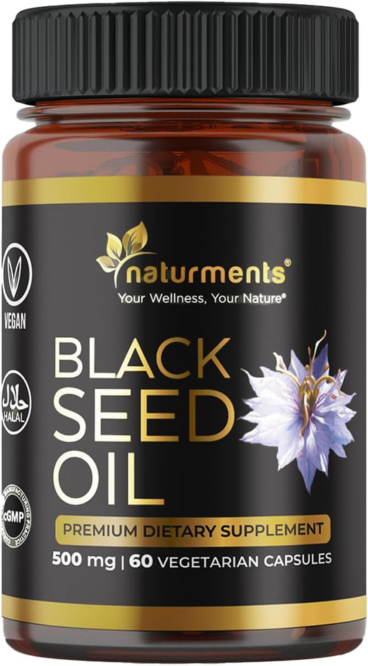 Naturments Premium Black Seed Oil Vegetarian Capsules 100% Organic Unrefined Non GMO Cold Pressed Extra Virgin Nigella Sativa Pure Halal Kalonji Oil - 60 Capsules (500 mg Each)