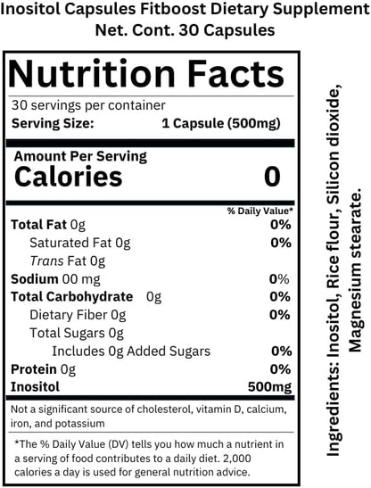 Fitboost Inositol Capsules – Dietary Supplement for Hormonal Balance & Wellness | Cápsulas de Inositol Fitboost – Suplemento para el Equilibrio Hormonal y Bienestar (30 Caps)