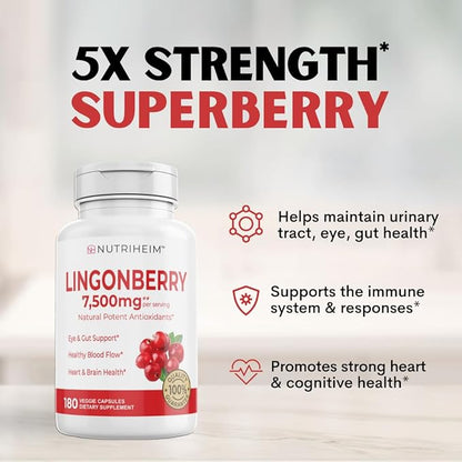 Lingonberry Powder 7500mg for Urinary Tract, Blood Circulation, Gut Health, Eye Health, Antioxidant Support - Pure 5:1 Ratio & 180 Veggie Capsules - Non-GMO, Gluten-Free, Vegan-Friendly Supplement