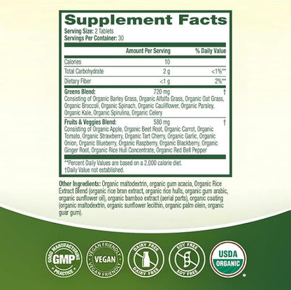 HealthA2Z® Organic Superfood Greens | 60 Tablets | Greens Blend 720mg | Fruits & Veggies Blend 580mg | Alfalfa, Broccoli, Spinach, Spirulina, Apple, Beet Root, Strawberry & Much More!
