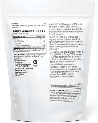GNC Vitamin D-3 Soft Chews 1000IU - Chocolate | Provides 125% of The Daily Value of Vitamin D | 60 Soft Chews