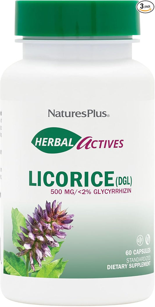 Natures Plus Herbal Actives Licorice (DGL) 500 mg - 60 Capsules, Pack of 3 - Supports Healthy Digestion & Overall Well-Being - Vegetarian, Gluten Free - 180 Total Servings