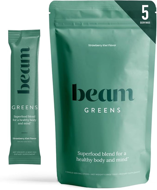 Beam Greens Powder, Greens Superfood Powder, Greens Supplement for Gut Health, Vegan, Non GMO Organic Greens Blend, Daily Greens with Ashwagandha, Vitamin C, B12, B6, D, Strawberry Kiwi, 5 Servings