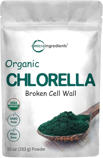 Micro Ingredients Organic Chlorella Powder, 10 Ounce, Broken Cell Wall, Rich in Vegan Proteins & Vitamins, Raw, Bulk Premium Chlorella Supplement, Vegan Friendly, Non-Irradiation