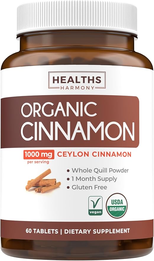 USDA Organic Ceylon Cinnamon (60 Tablets) 1000mg Cinnamon Quill Powder per Serving - Natural Cinnamon Supplements for Effective Metabolism, Cognative, Joint, Immune Support - (No Capsules or Pills)