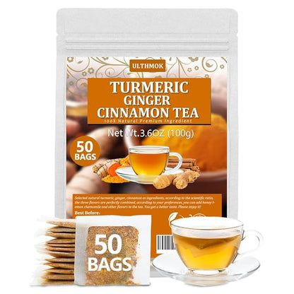 50 Premium Turmeric, Ginger, Cinnamon Blend Tea Bags, 100% Natural & No Additives & Caffeine Free.