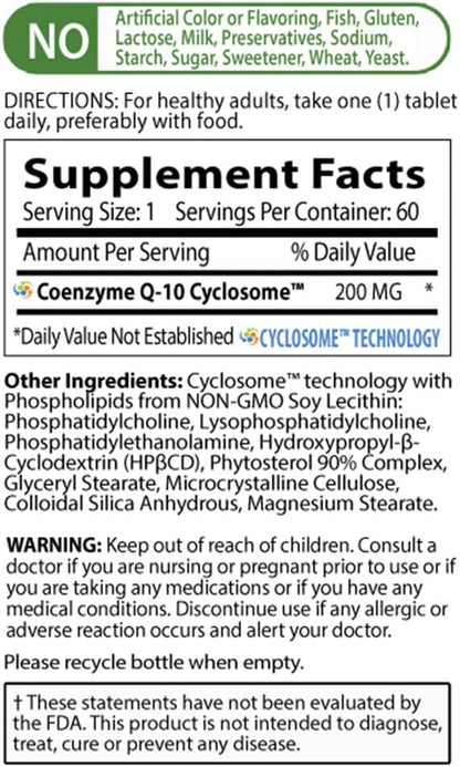 NATURE'S ESSENTIALS CoQ-10 200mg | Heart Health Support & Cellular Energy | Advanced Cyclosome Liposomal Delivery | Non-GMO, Gluten Free, Vegetarian | 60 Tablets