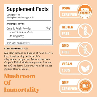 Nature Restore USDA Certified Organic Reishi Mushroom Powder, 10 Ounces, Non GMO, Gluten Free, Packaged in California, Ganoderma Lucidum/Lingzhi