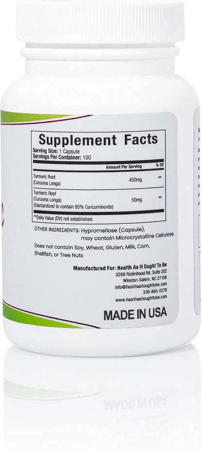 Health As It Ought To Be Fresh Turmeric 500 mg Supplement | Standardized Extract for Optimal Effect | 100 Capsules