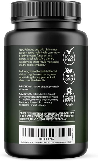 L-Arginine 500mg and Saw Palmetto 500mg - Nitric Oxide and Prostate Health Supplements for Men - 60 Count - Endurance and Urinary Tract Function Support - 1 Month Supply - Vegan, Non-GMO Capsules