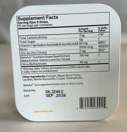 DISO - Collagen Boost - Dissolvable Oral Supplement Strips, Mixed Berry Flavor, Vegan, Sugar Free, Maximum Absorption to Help Produce Collagen, Gluten Free, Individually Wrapped, 30 ct