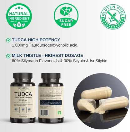 TUDCA Milk Thistle 1250mg - Tudca 1000mg, Tudca Bile Salts, Liver Support, Gallbladder Supplements *USA Made and Tested*, Tudca Supplement, Bile Salts Supplement - 90 Capsules 45 Servings