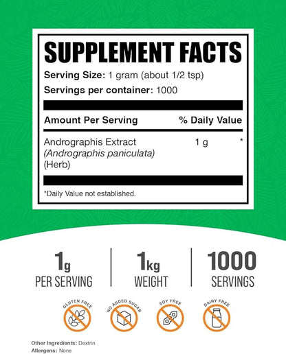 BulkSupplements.com Andrographis Extract Powder - Andrographis Paniculata, Herbal Supplement, Andrographis Powder - Gluten Free, 1000mg per Serving, 1kg (2.2 lbs) (Pack of 1)