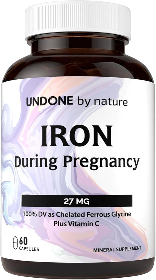 Iron Supplement, Ferrous Bisglycinate, Gentle, with Vitamin C as L-Calcium Ascorbate, During Pregnancy by Undone by Nature, 100% Daily Value, Blood Builder, 60 Vegan Caps