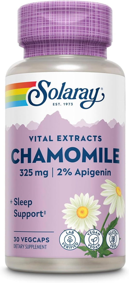 SOLARAY Chamomile Extract, Sleep Supplement Support, 2% Apigenin, Vegan, Gluten Free, Made Without Soy, 60 Day Money-Back Guarantee, 30 Servings, 30 VegCaps