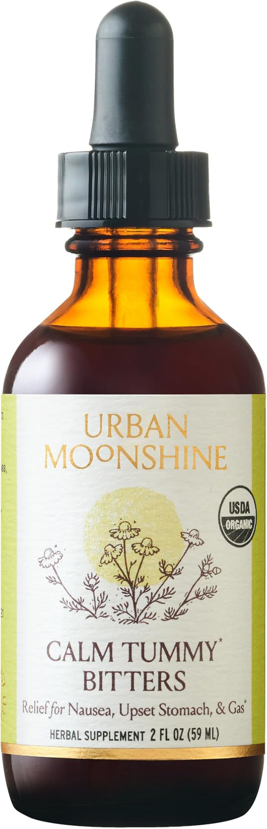 Urban Moonshine Calm Tummy Bitters - Certified Organic - Relief for Nausea & Upset Stomach* - Bloating Relief* - Soothes Digestion* - Digestive Bitters - Gluten Free Herbal Supplement - 2 Fl Oz