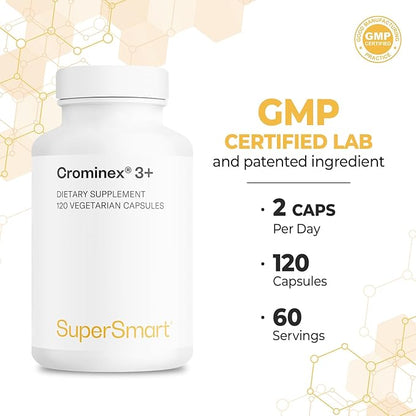 Supersmart - Crominex 3+ 20mg per Day (Patented & High Bioavailability) - Advanced Formula with Polyphenol, Fulvic Acid - Chromium Supplement | Non-GMO & Gluten Free - 120 Vegetarian Capsules